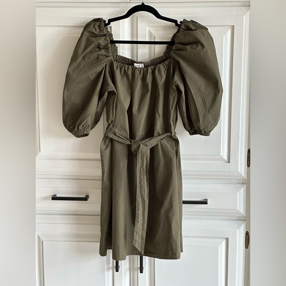 MANGO Khaki Cotton Poplin Off-Shoulder Dress with Puff Sleeves - Picture 6 of 11